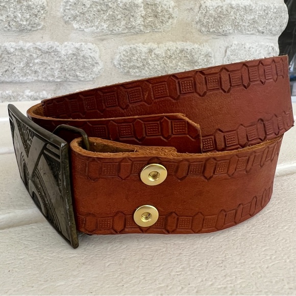 Vintage brass buckle belt 1975 hippie CDC Metalworks Colorado brown 36" - 40" - Picture 5 of 7